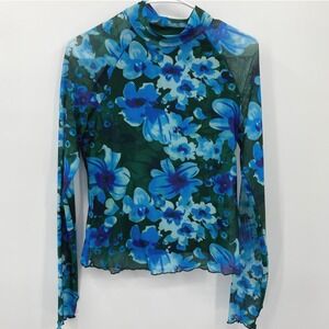 DeaLmore Floral Mesh Mock Neck Long Sleeve Top Blue Green Women's Size Medium